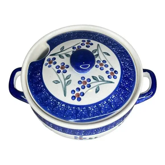 VTG Wiza Poland COVERED DISH Sugar Bowl Gravy Mini Crock Handles Polish Pottery - Picture 5 of 6